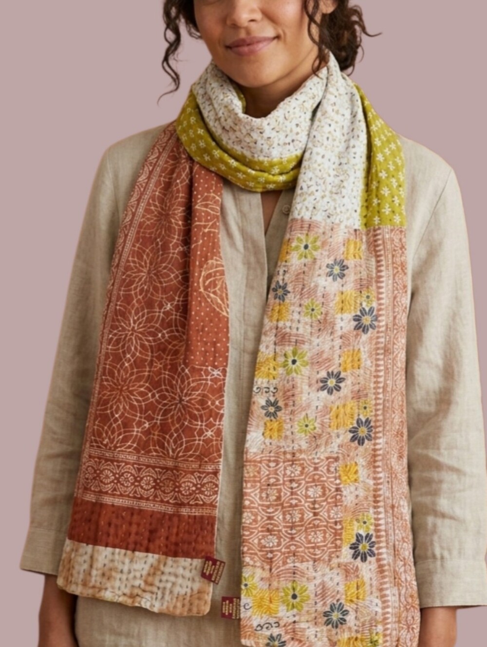 Connexions Fair Trade India Artisan Kantha Cotton Scarf Boho Art to Wear NWOT